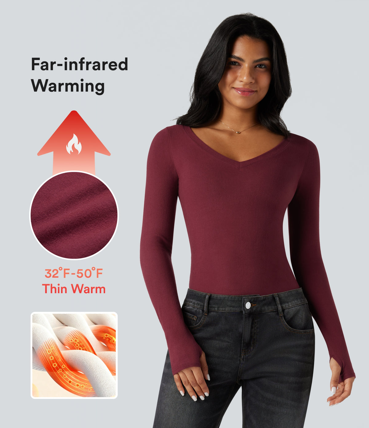 Halara HeatCore V Neck Long Sleeve Thumb Hole Casual Warming Top