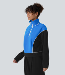 Stand Collar Half Zip Long Sleeve Color Block Fleece Casual Sweatshirt