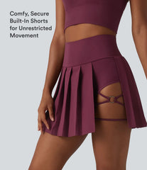 Breezeful™ High Waisted Pleated 2-in-1 Asymmetric Hem Quick Dry Mini Dance Skirt with Pockets-Longer Length