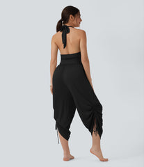Ribbed Halter Tie Back Drawstring Resort Jumpsuit with Pockets