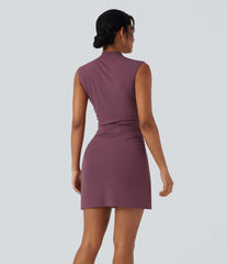 Mock-neck Sleeveless Ruched Crossover Hem Bodycon Mini Dress