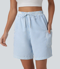 High Waisted Drawstring Stripes Resort Baggy Bermuda Shorts with Pockets