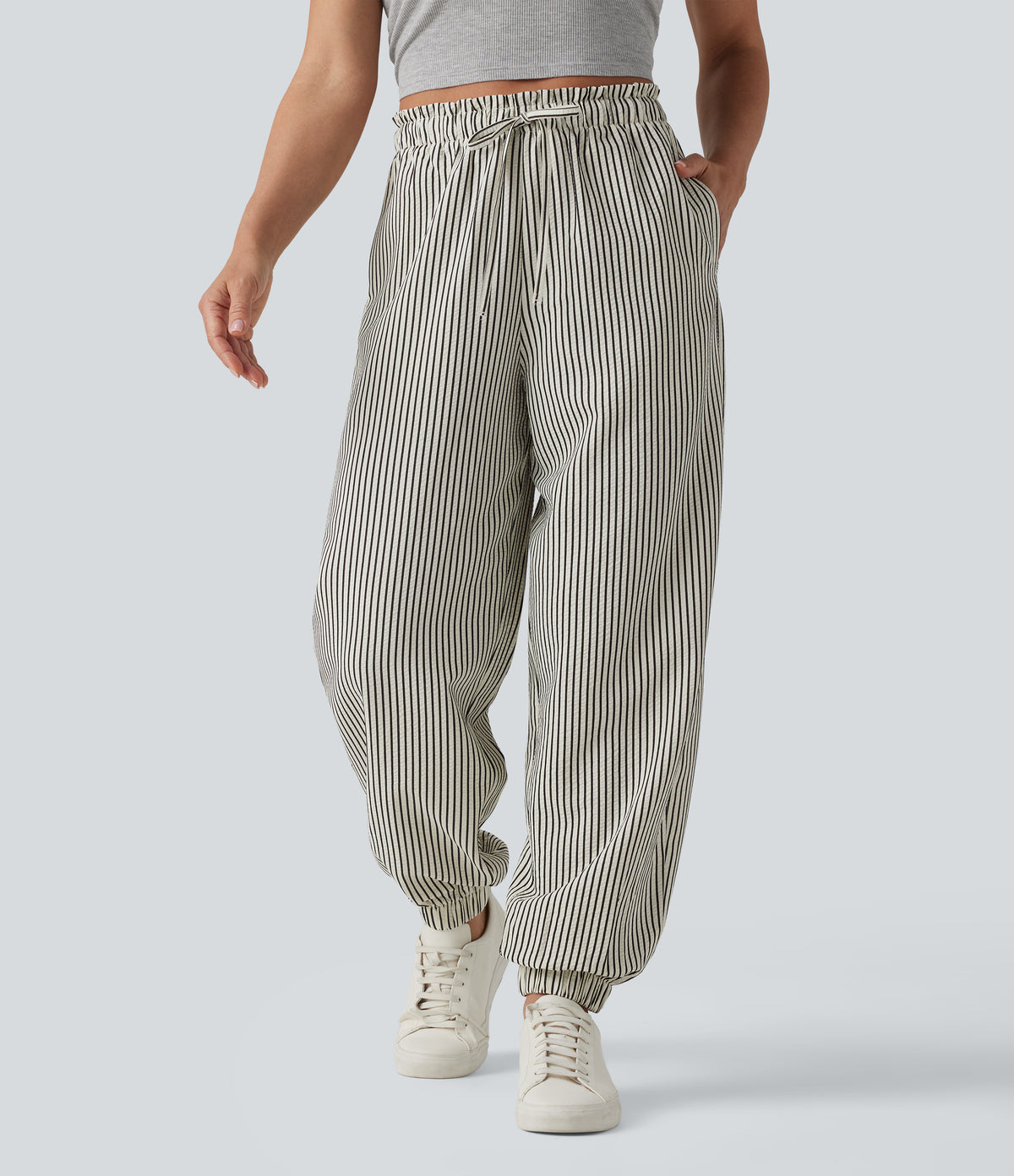 Lettuce Trim High Waisted Drawstring Stripes Casual Joggers with Pockets