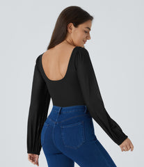 SoftlyZero™ Airy Sweetheart Neck Contrast Mesh Bishop Sleeve InstantCool Casual Bodysuit-UPF50+