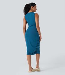 Round Neck Sleeveless Ruched Casual Bodycon Dress
