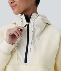 Hooded Drawstring Half Zip Long Sleeve Pocket Color Block Fleece Hiking Jacket