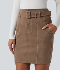 High Waisted Belted Bodycon Suede Mini Work Skirt with Pockets
