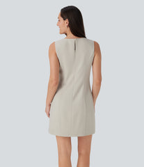 Boat Neck Sleeveless Botton Mini Work Dress with Pockets