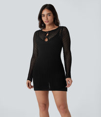 Long Sleeve Slim Mini Hollow Out Linen-Feel Dress