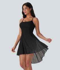 Lace Up 2-in-1 High Low Contrast Mesh Flowy Low Support Mini Dance Active Dress with Pocket DD-F Cups