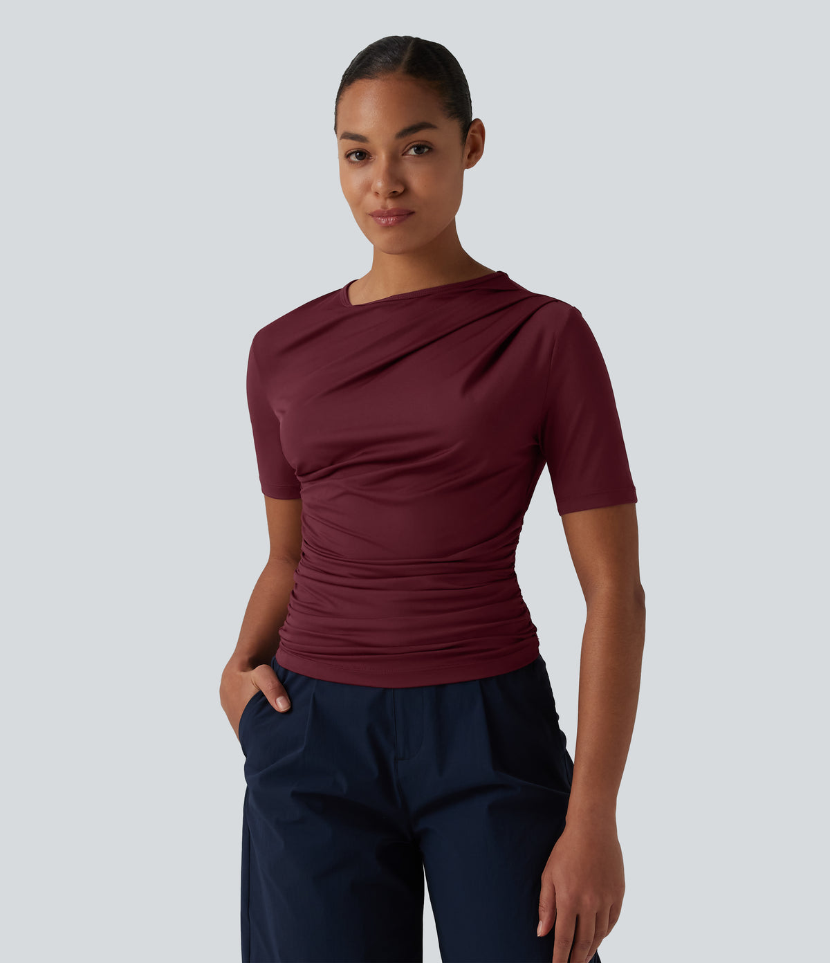 Asymmetric Neck Short Sleeve Ruched Casual T-Shirt