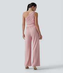 One-shoulder Sleeveless Ruched Built-in Bra Casual Jumpsuit with Pockets-Easy Peezy