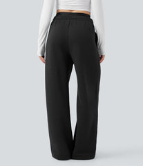 High Waisted Drawstring Wide Leg Fleece Casual Cotton Pants with Pockets