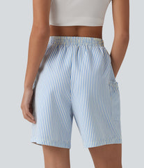 High Waisted Drawstring Stripes Resort Baggy Bermuda Shorts with Pockets