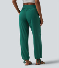 Crossover High Waisted Drawstring Plain Casual Joggers with Pockets