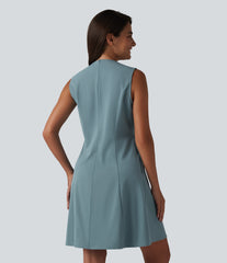 V-neck Sleeveless Pleated Invisible Zipper Mini A-line Stretchy Poplin Work Dress with Pockets