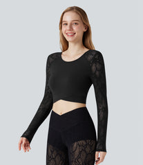 SoftlyZero™ Contrast Lace Crossover Hem Long Sleeve Cropped Yoga Sports Top-UPF50+