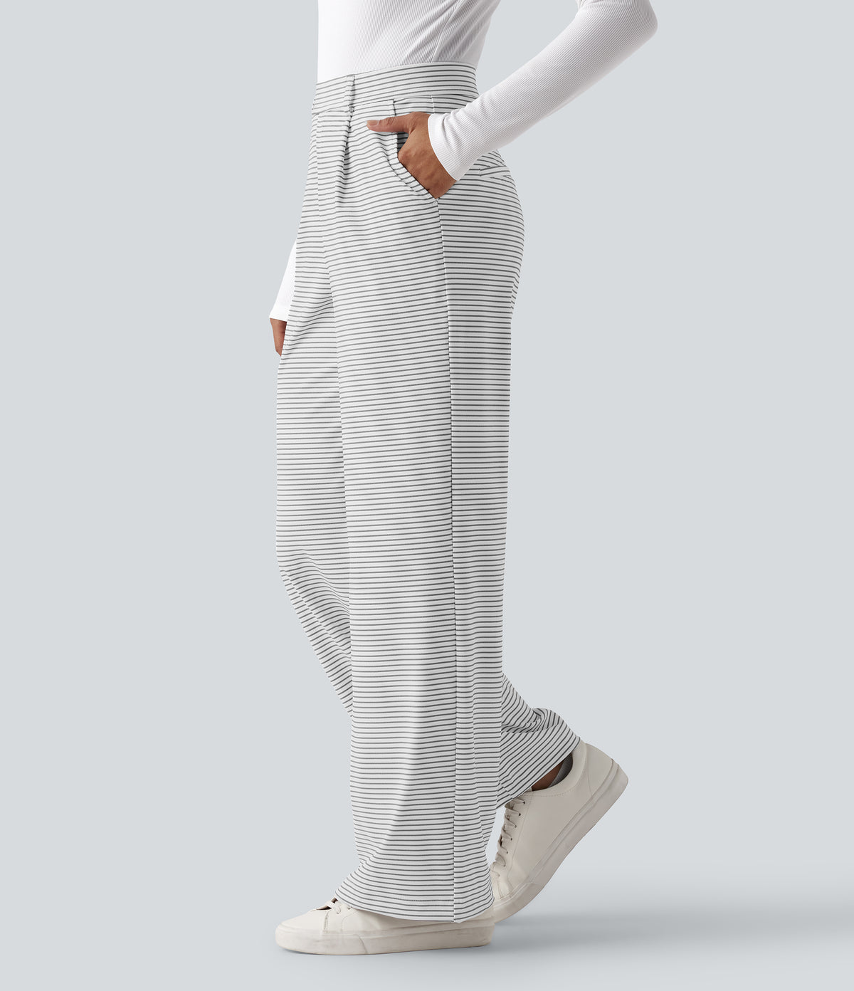 High Waisted Straight Leg Stripe Work Pants with Pockets