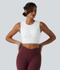 Ribbed Knit Twisted Mesh Overlay Built-in Bra InstantCool Anti-odor Yoga Cropped Tank Top-UPF40+
