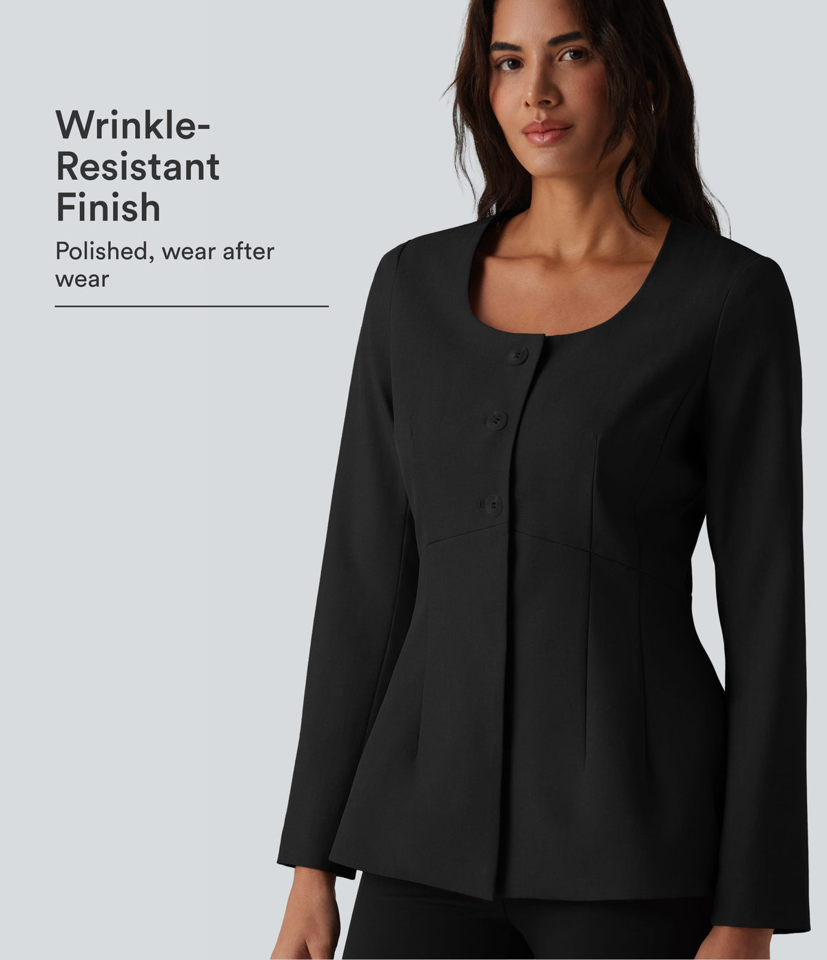Wrinkle-Resistant U Neck Long Sleeve Work Linen-Feel Blazer