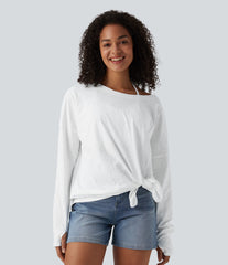 Boat Neck Long Sleeve Thumb Hole Tie Side Casual Cotton T-Shirt