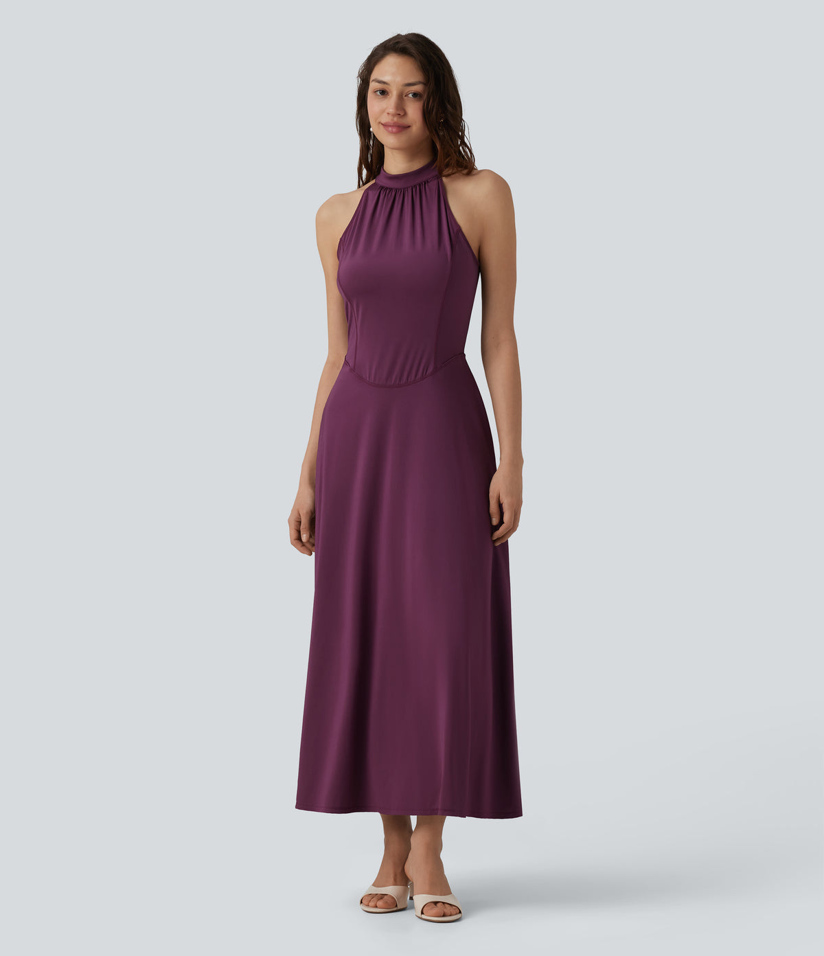 Mock Neck Sleeveless Invisible Zipper Midi Stretchy Satin-Like InstantCool Bridesmaid And Wedding Guest Flowy Dress with Pockets