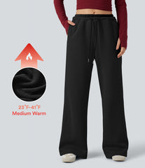 Mid Rise Drawstring Wide Leg Fleece Casual Pants with Pockets