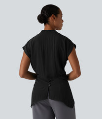 V Neck Wrapped Sleeveless Linen-Feel Work Blouse