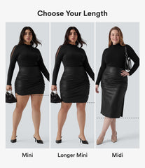 Plus Size High Waisted Tummy Control Ruched Curved Hem 2-in-1 Fleece PU Leather Midi Casual Skirt