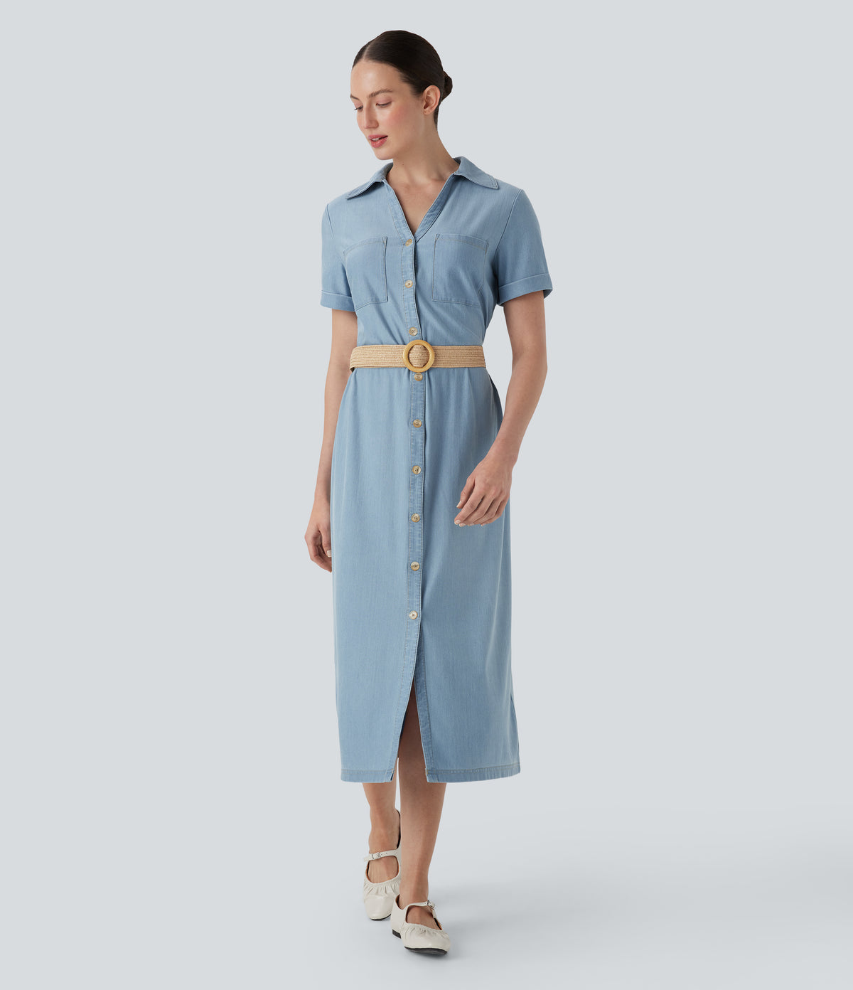 Halara Flex™ Short Sleeve Denim Midi Casual Dress with Pockets