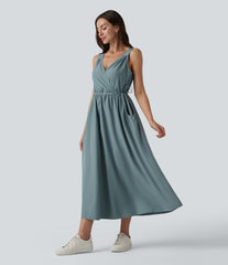 V Neck Sleeveless Midi Casual Dress with Pockets