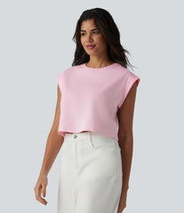 Round Neck Cap Sleeve Cropped Casual Cotton T-Shirt