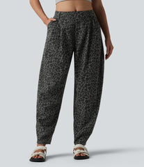Mid Rise Leopard Print Casual Barrel Leg Pants with Pockets