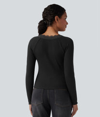 Ribbed Knit Henley Contrast Lace Long Sleeve Casual Top