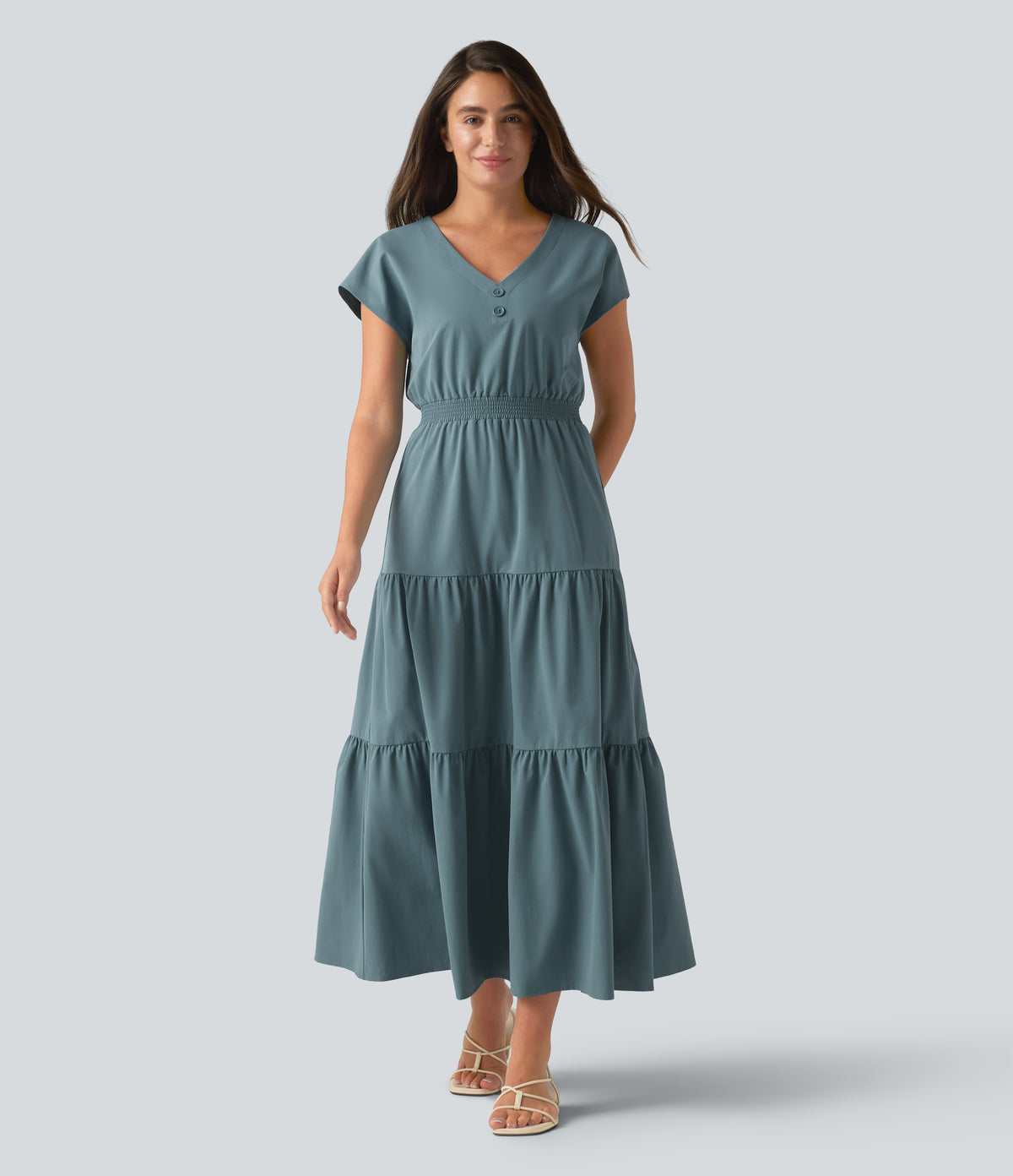 V Neck Short Sleeve Stretchy Poplin Midi Casual Dress