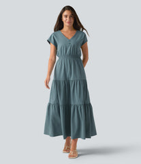 V Neck Short Sleeve Stretchy Poplin Midi Casual Dress