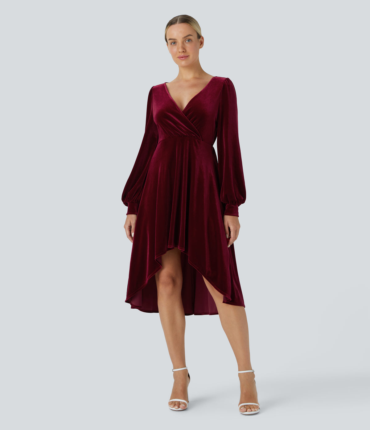V Neck Crossover Bishop Long Sleeve High Low Flowy Velvet Midi Casual Dress