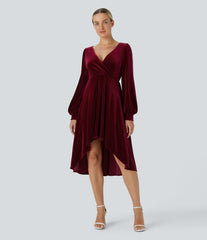 V Neck Crossover Bishop Long Sleeve High Low Flowy Velvet Midi Casual Dress
