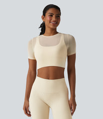 Contrast Mesh Short Sleeve 2-in-1 Cropped Yoga Sports Top