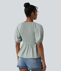 V Neck Puff Short Sleeve Shirred Casual Blouse