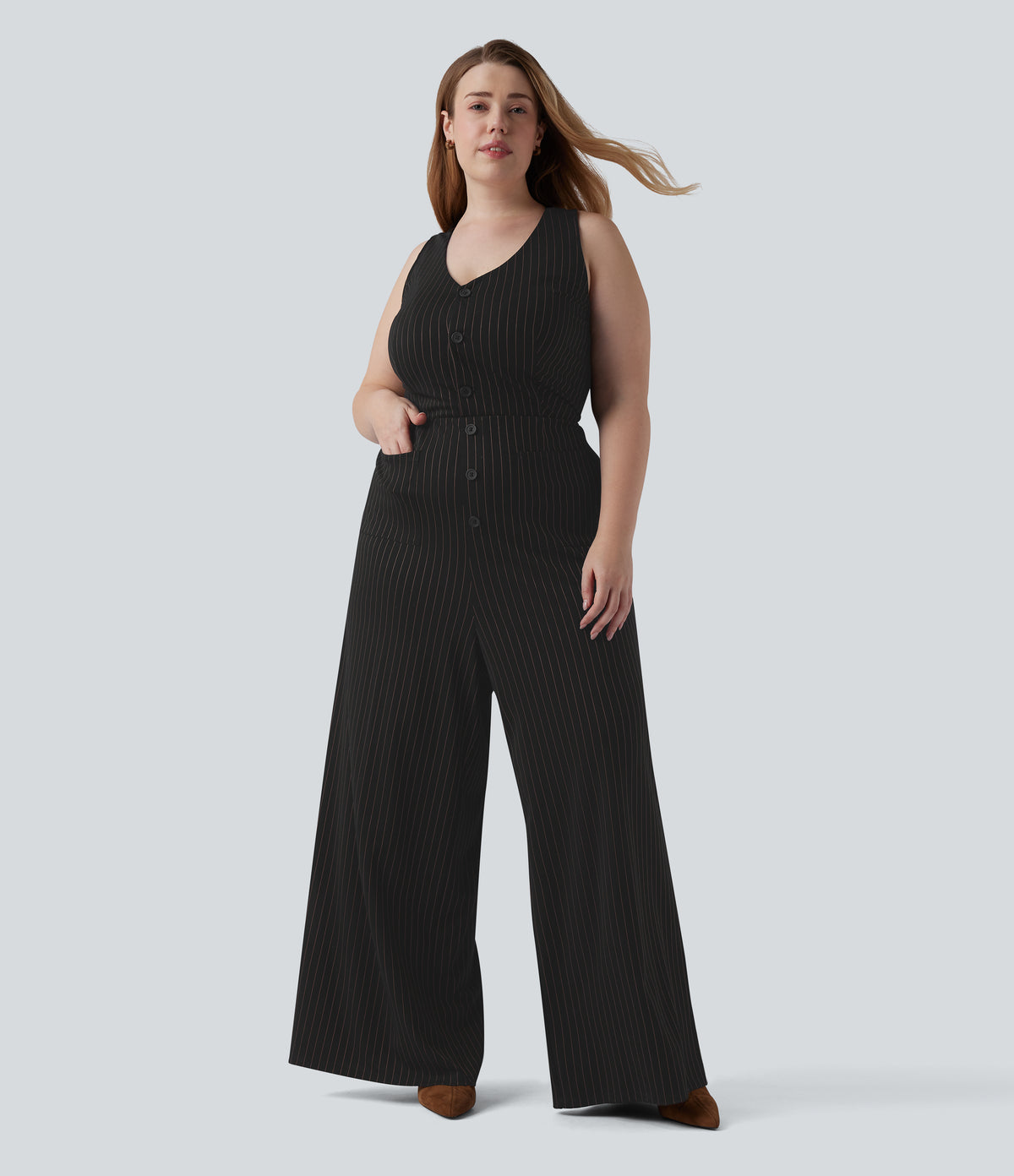 Plus Size V Neck Sleeveless Cut Out Wide Leg InstantCool Stripe Work Jumpsuit with Pockets