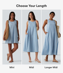 Round Neck Sleeveless Mini Crinkle Gingham Casual Tank Dress with Pockets