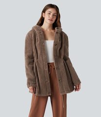 Hooded Drawstring Curved Hem Relaxed Casual Sherpa Jacket with Pockets