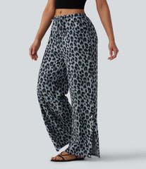 Mid Rise Drawstring Wide Leg Leopard Print Waffle Casual Pants with Pockets