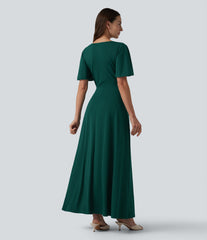 Deep V-neck Flounce Sleeve Split Built-in Bra Maxi Flowy Bridesmaid and Wedding Guest Dress with Pockets