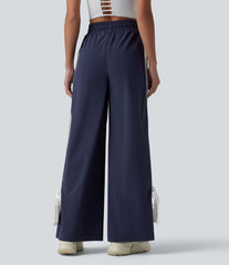 High Waisted Drawstring Color Block Stripes Bow Quick Dry InstantCool Running Wide Leg Pants with Pockets-UPF40+