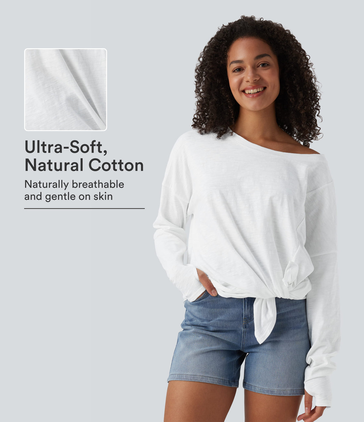 Boat Neck Long Sleeve Thumb Hole Tie Side Casual Cotton T-Shirt