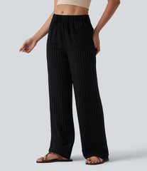 Mid Rise Drawstring Stripes Casual Linen-Blend Baggy Pants with Pockets