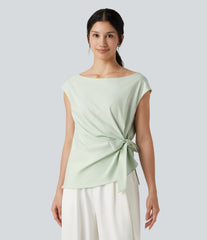Boat Neck Cap Sleeve Tie-side Casual Linen-Blend Blouse