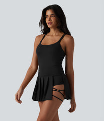 Crisscross Backless U-Neck Pleated Asymmetric Hem Mini 2-in-1 Built-in Bra Dance Active Slip Dress with Pockets